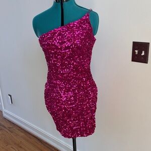 Crystal Doll Fuchsia Sequin One-Shoulder Dress